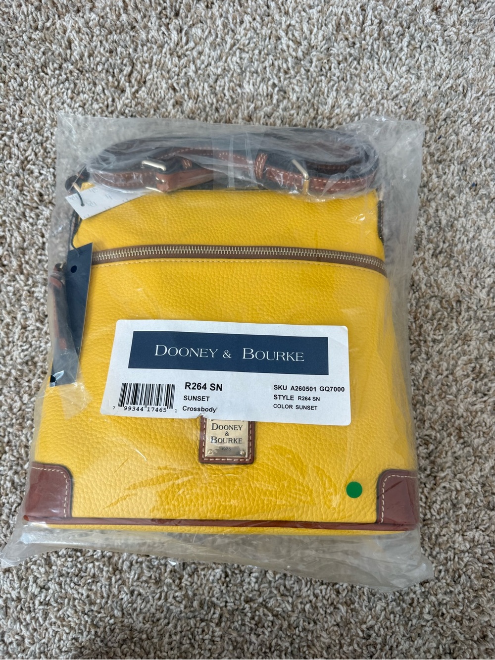 Dooney & Bourke Sunset Yellow Pebbled Leather Crossbody with Brown Trim